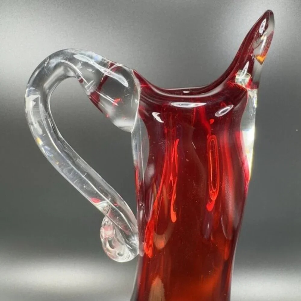 Heavy Hand Blown Glass Pitcher Vase Carafe Multicolor Applied Swirl Glass‎ Decor